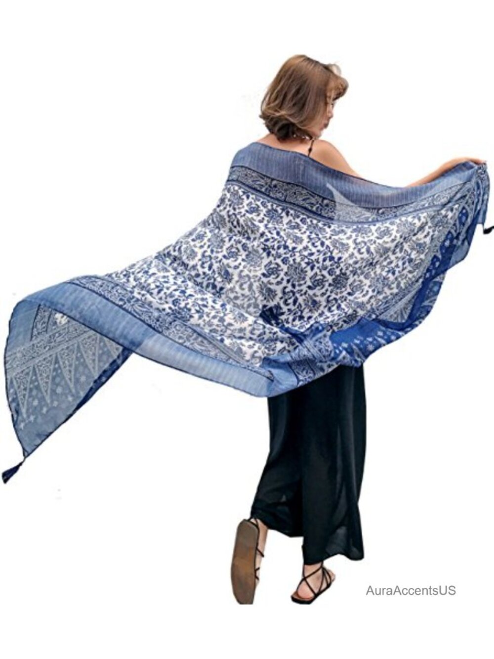 Boho Cotton Hemp Lightweight Floral Scarf Long Shawl Wrap